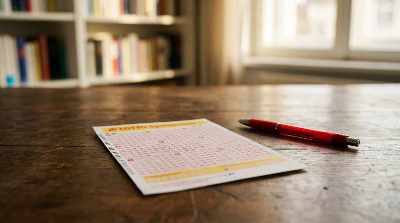 Ausgefullter Lotto-Spielschein mit Kugelschreiber